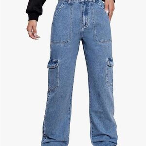 Medium Wash High Waisted Wide Leg Cargo Jeans